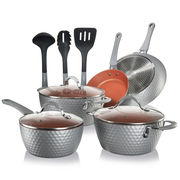 NutriChef Juego de utensilios de cocina antiadherentes de 11 piezas, sin PTFE/PFOA/PFOS, juego de ollas y sartenes con cacerola, sartenes, ollas, tapas, utensilios, gris
