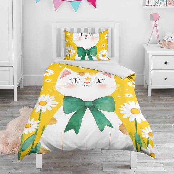 Cat with Bow and Daisies Duvet Cover and Pillowcase Set for Single Bedding, Bedroom Accessories for Kids Teens