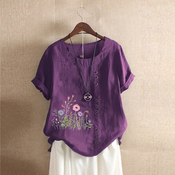 Fiudx Liquidación de Ofertas Flash Camiseta de Verano con Cuello Redondo y Manga Corta para Mujer, Informal, con Botones Impresos