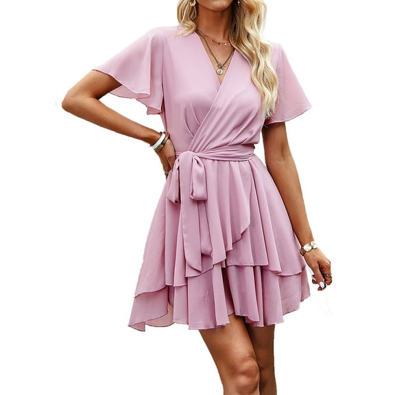 Krumba Women V-Neck Ruffle Dress: Short Sleeve Tie Waist Pleated Mini - Casual for Wedding Guest Beach Summer Party Trip Pink Size S