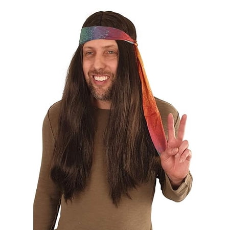 HandinHandCreations Hippie Wig Costume with Tie Dye Flex Headband 60s 70s Hippy Woodstock Festival Long Brown
