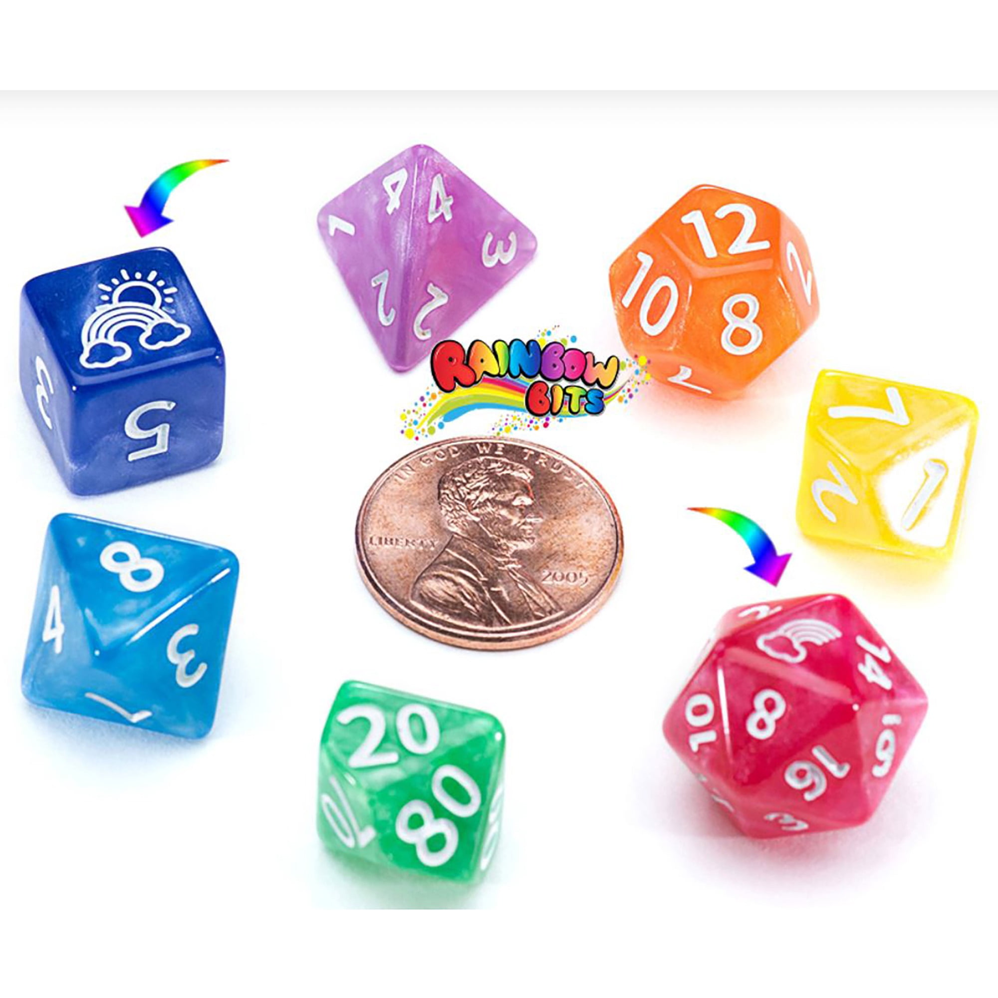 Mighty Tiny Dice: Rainbow Bits - 7 Piece RPG Dice Set, 12mm Resin Dice Set, Gate Keeper Games, Roleplaying, Custom Logos on d20 and d6, Rainbow Of Color in Every Set