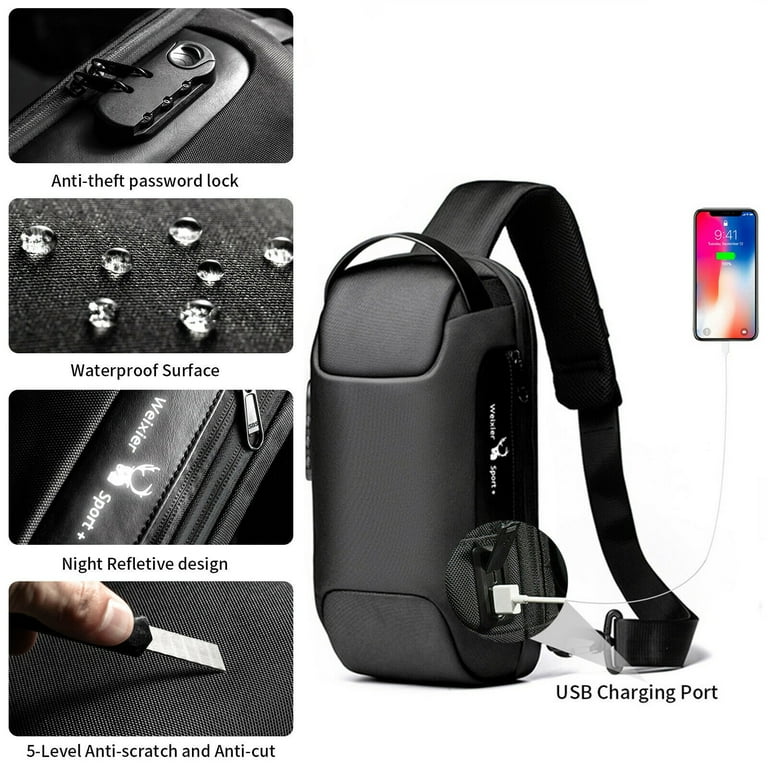 Men's Anti-Theft Lock Shoulder Bag USB Cross Body Sling Chest Bags