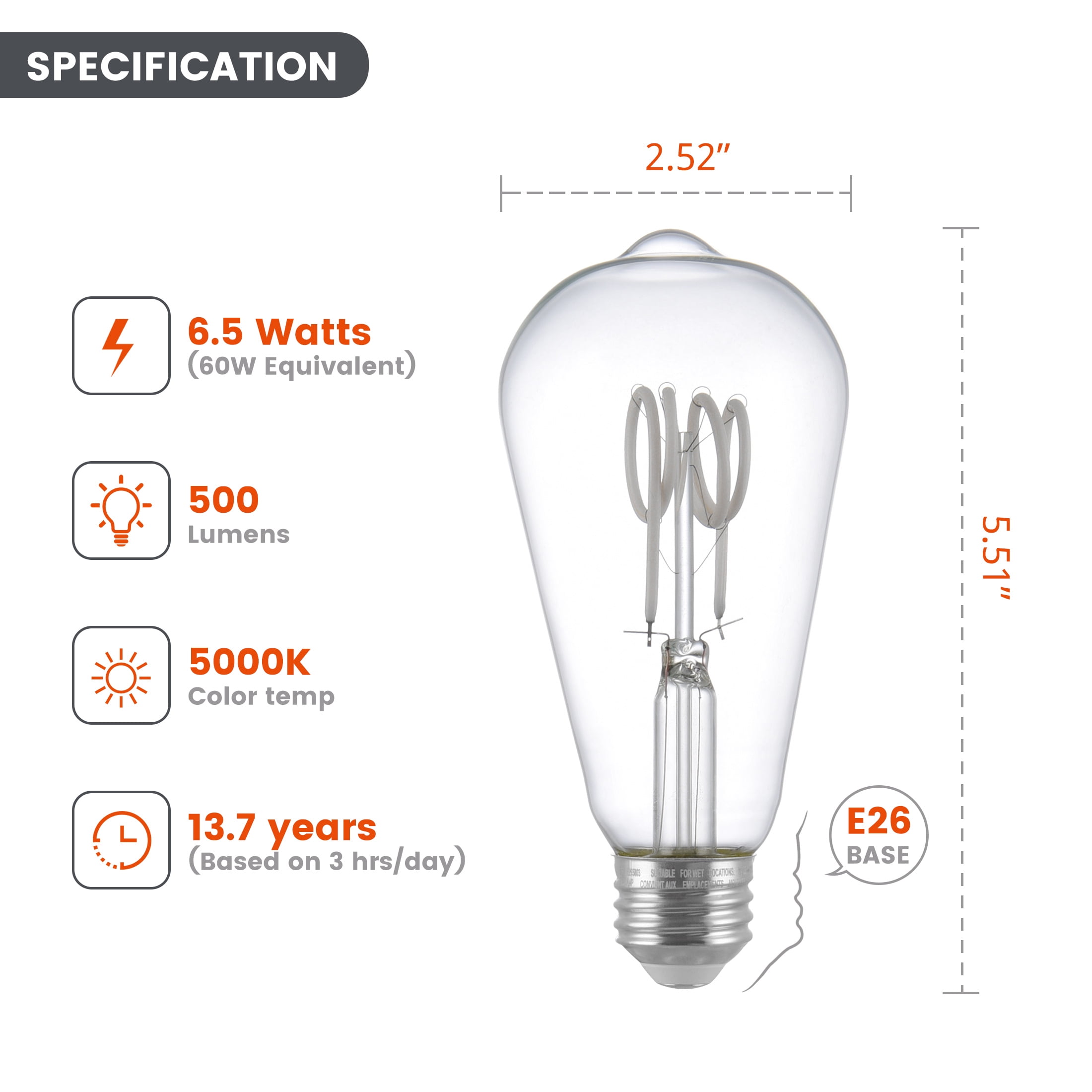 (2 pack) Better Homes & Gardens 6.5W (60W Equivalent) Daylight Dimmable ST19 White Filament Light Bulb E26 Base 2 Pack