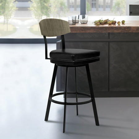 Frisco 26" Counter Height Barstool in Matte Black Finish with Black Faux Leather and Grey Walnut