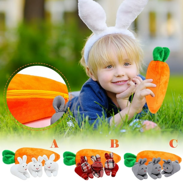 Xihbxyly Juego de Juguetes de Peluche con Cierre, Adorables Figuras de Conejo, Algodón Suave, Bolsa de Zanahoria para Guardar, Decoración de Pascua, Decoración Del Hogar, 3 Conejos + 1 Bolsa de Zanah