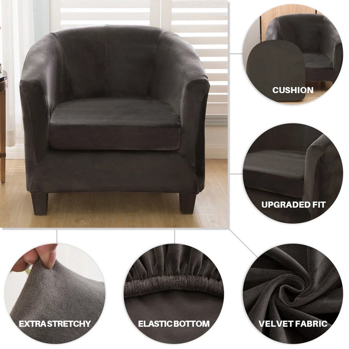 Eurhowing Stretchable Tub Chair Slipcover, 2-Piece Velvet Soft Armchair Cover with Cushion Cover, Elastic Fit Club Chair Sofa Couch Slipcover, 1-Pack, Grey