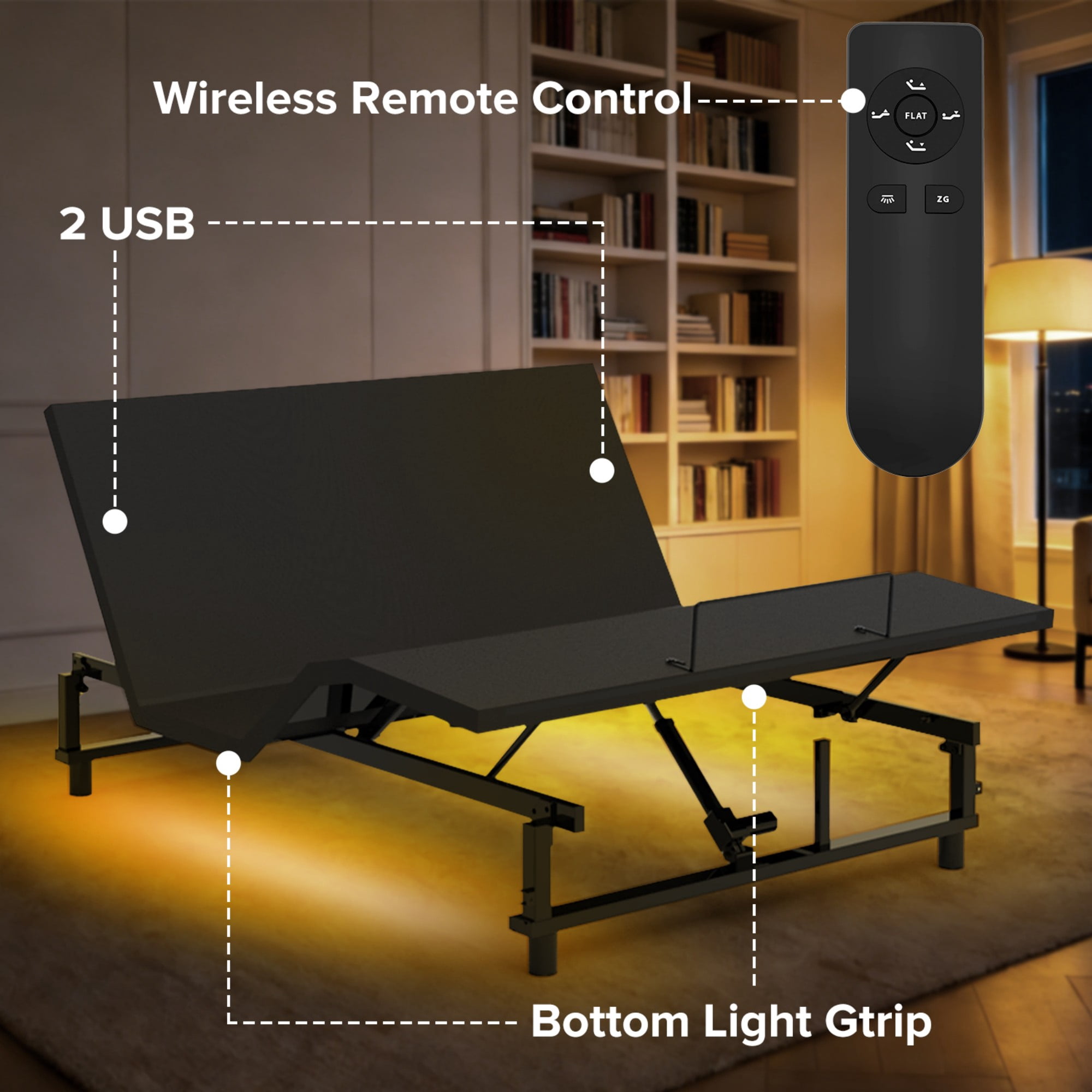 Kosynda Queen Adjustable Bed Frame with Head & Foot Incline, Zero Gravity Electric Bed Base with 4 USB Ports, Wireless Remote, Nightlight, Quiet Motor