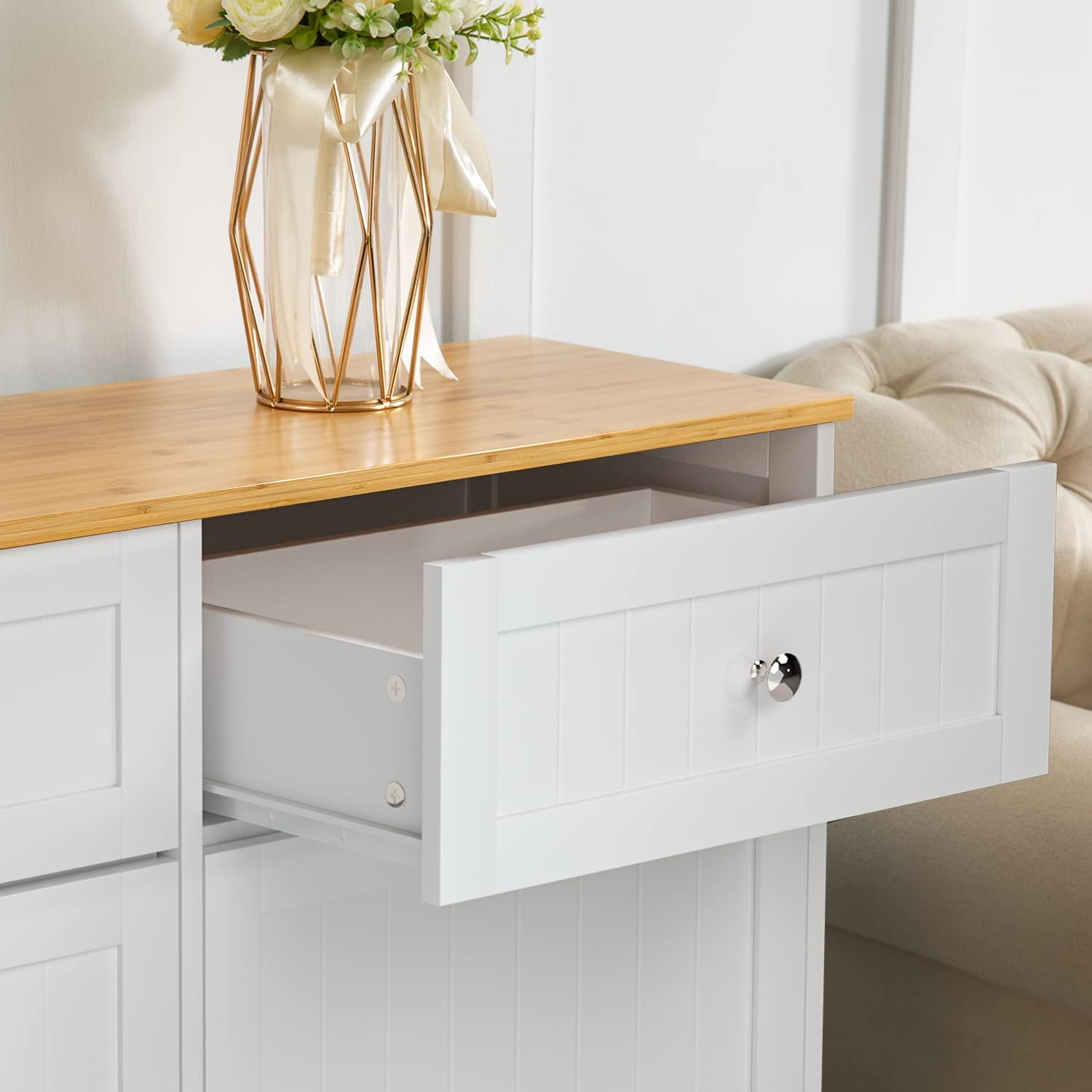 Reliancer Kitchen Trash Cabinet - Double Tilt Out Trash Cabinet with 2 Hideaway Drawers, Solid Wood Tabletop - Free Standing Recycling Cabinet - Pet Proof Trash Can Holder with Storage, White