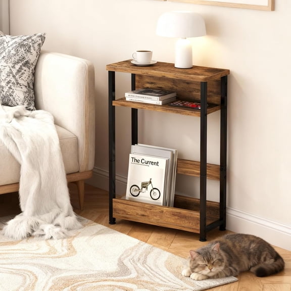GarveeHome Narrow Side Table with Storage Shelf, 3-Tier Slim End Table with Magazine Holder, Modern Sofa Thin Tables, Brown