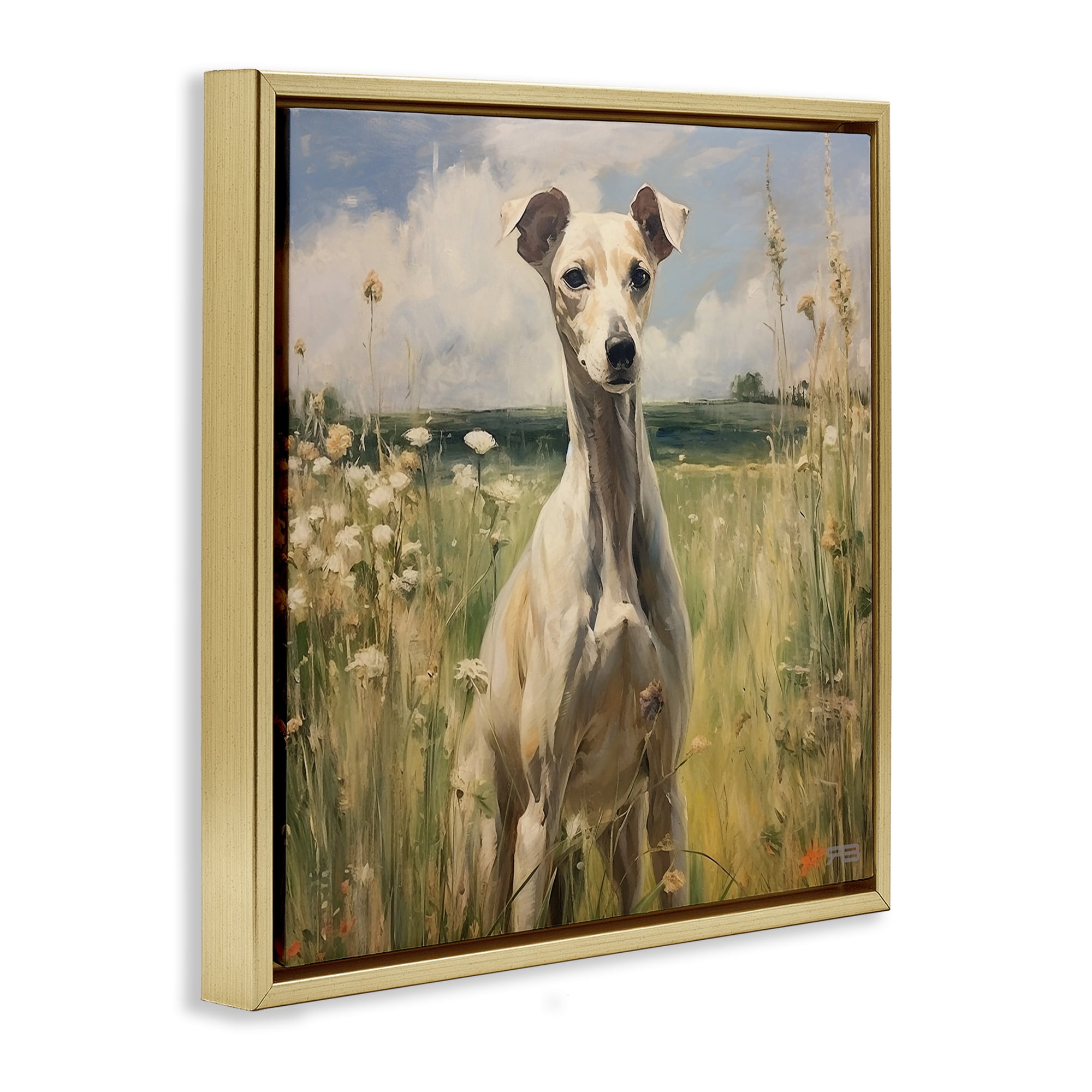 Stupell Industries Greyhound Dog Landscape Landscape Painting Gold Floater Framed Canvas Art Print Wall Art, 25 x 25