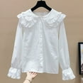 thumbnail image 2 of LIaqionyy Girls White Dress Shirts School Uniform Collared Ruffle Button down Blouse Kids Long Sleeve Cotton Loose Soft Tops, 2 of 7