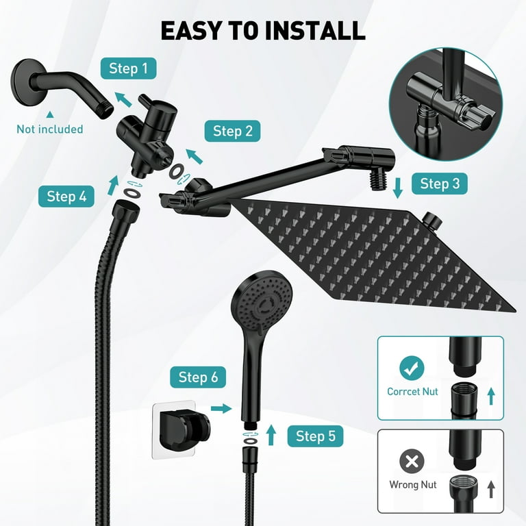8 Inch Dual Shower Head Combo with 11'' Extension Arm, 5 Settings Adjustable Anti-leak High Pressure Shower Head with 59" Hose, Height/Angle Adjustable, Dual Anti-Clog Nozzles, Black