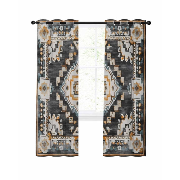 Grey Orange Boho Blackout Curtains, Light Blocking Print Window Curtains, Southwestern Ethnic Retro Geometric Thermal Insulated Window Drapes for Living Room Kitchen Cafe 2 Panels, 84"W x 84"L