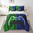 thumbnail image 2 of Feelyou Modern Game Console Bedding Comforter Set 7pcs for Kids, Cartoon Gamepad Lover King Bedding Sets, Green Blue Square Abstract Reversible Bed Sheets, Super Cozy Room Decor, 2 of 7