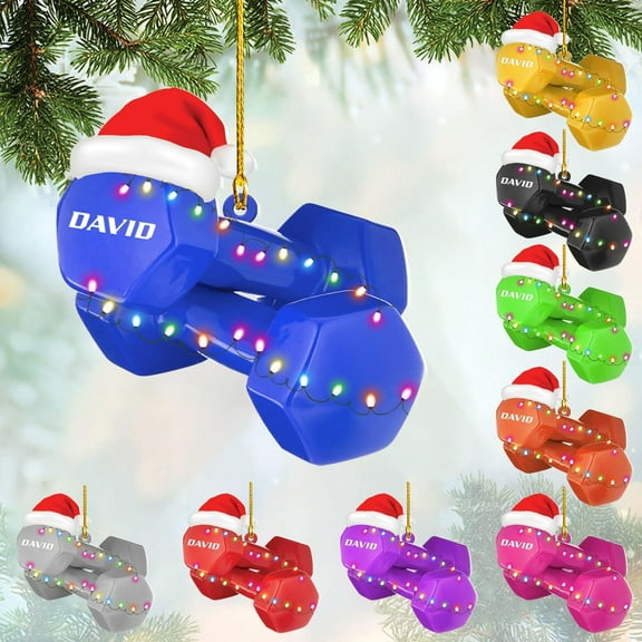 Personalized Dumbbell Ornament, Fitness Gift for Gym Workout Trainer Coach Instructor, Barbell Weight Plates Custom Ornament for Weightlifter, Weightlifting Ornament (D3) (Blue)