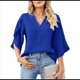 thumbnail image 3 of Blusa Holgada de con Cuello en V y Mangas 3/4 con Volantes para Mujer, Azul Oscuro, Talla M, 3 of 7