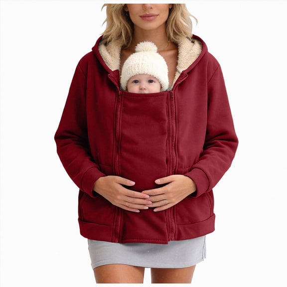NOLDARES Maternity Coat Women's Kangaroo Sweatshirt for Mom and Baby Carrier Maternity Coat Fleece Jacket 3-In-1 Thicken Fleece Jacket,Zip Panels,Clothing(Q401-Red)