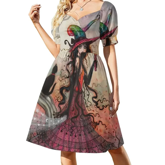 Vestido de manga corta con diseño de gato bruja de llama de octubre de Molly Harrison. Vestido de verano para mujer.
