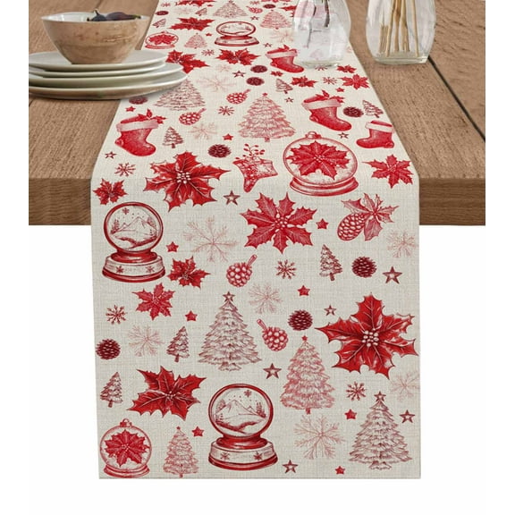 Ldtrchee Red Christmas Table Runner 72 Inches, Xmas Poinsettia Tree Snowflake Rustic Bed Runner Dresser Scarves Tabletop for Indoor Outdoor Parties/Ceremony/Banquet, 14" x 72"