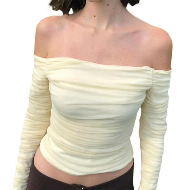 goowrom Women Off-the-shoulder T-shirt, Adults Ruched Solid Color Flare Sleeve Mesh Crop Tops