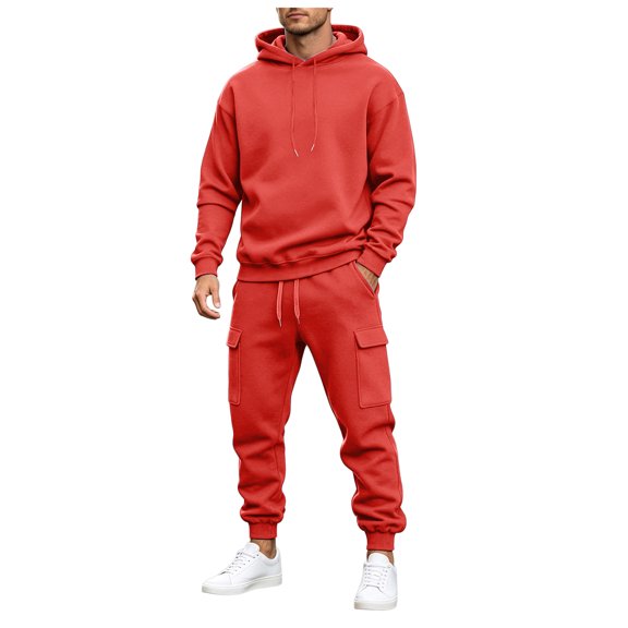 JFOPQVSM Men's Hoodie and Sweatpants Set Casual Sportswear Solid Color Fleece Hoodie Workwear Slim Fit Pants Two Piece Set.