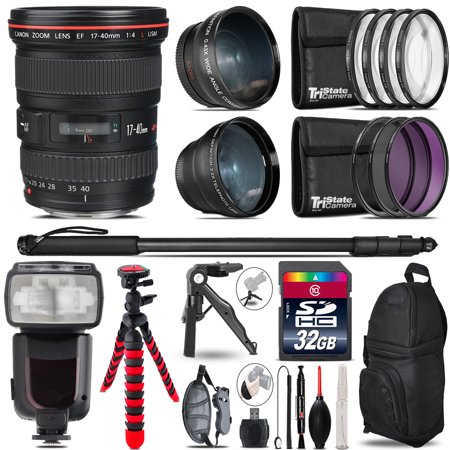 Canon 17-40mm 4L USM - 3 Lens Kit + Professional Flash - 32GB Accessory Bundle
