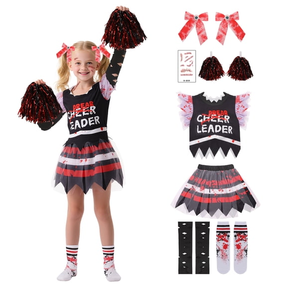 Bulex Scary Cheerleader Costume for Girls, Sleeveless Cheerleading Dress Outfit for Halloween Party Dress-Up