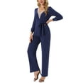 thumbnail image 2 of INSPIRAR CHIC Mono de Manga Larga con Cuello en V para Mujeres con Cinturón, Ajustado, Pierna Ancha, Pantalón Enterizo con Bolsillos XL Azul Marino, 2 of 5