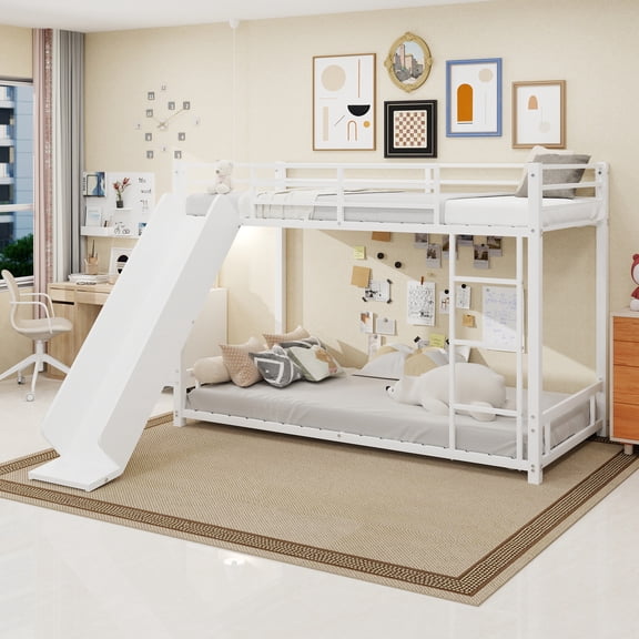 Harper & Bright Designs Twin Floor Bunk Bed with Slide, Twin Over Twin Metal Bunk Bed Frame with Ladder and Guardrail for Boys Girls, White