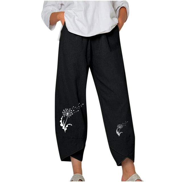 VEKDONE Pantalon Femme en Coton et Lin Imprimé Pantalon Long Noir m