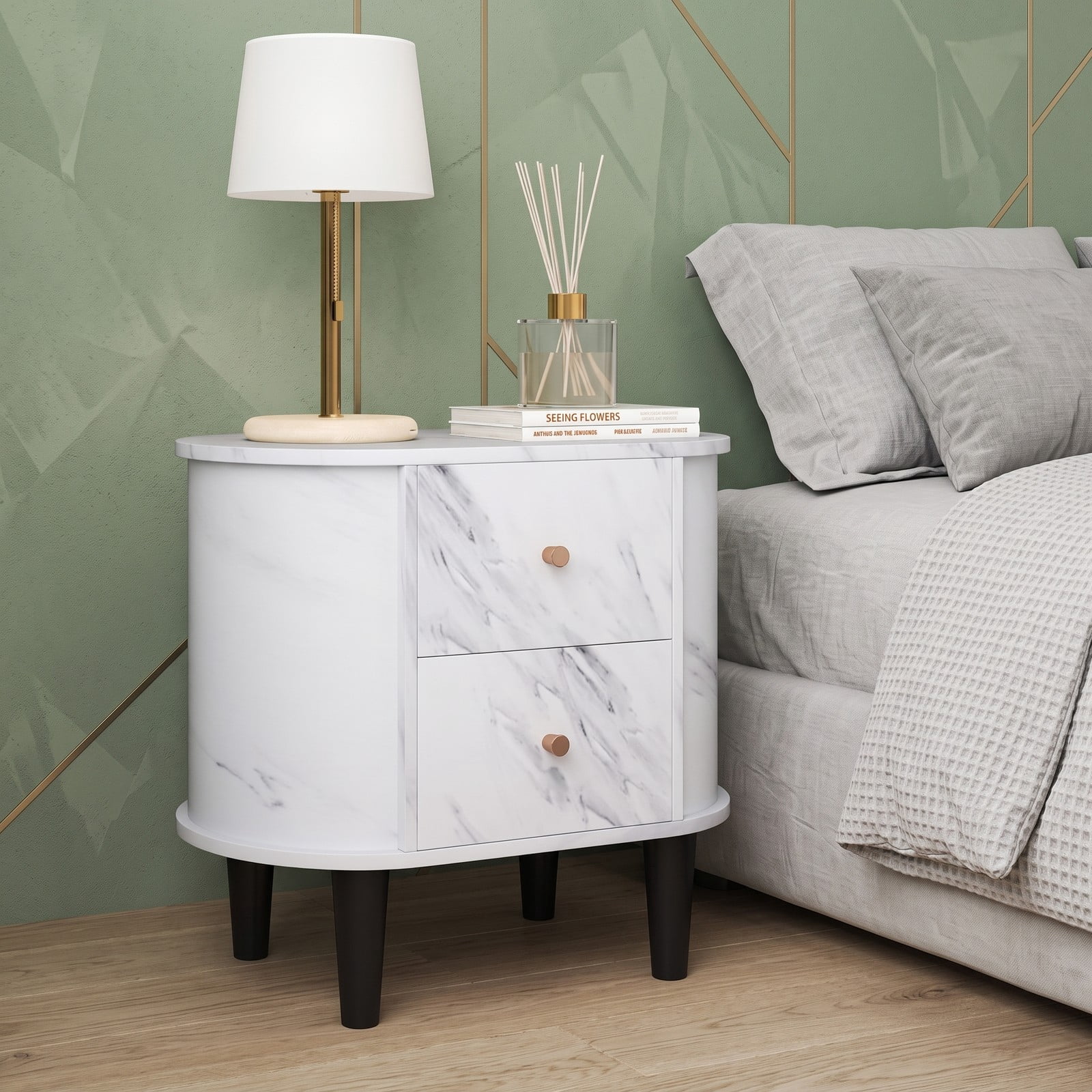 Furnibear 2 Drawer Nightstand Modern Faux Marble Bedside Table with Storage for Bedside Organization in the Bedroom and Living Room, White