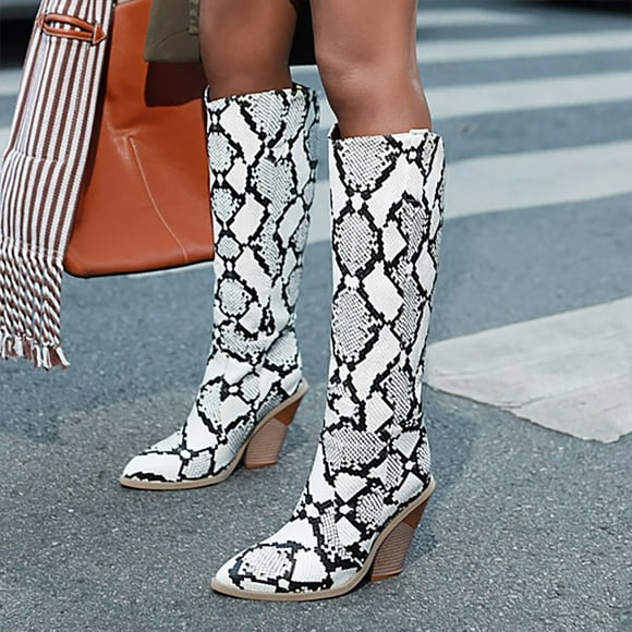 YOUSNH Beautiful Print Western Knee High Boots Calf Women Stacked Heel Point Toe Boots Womens Boots White 6.5