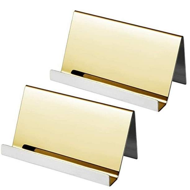 Paquete de 2 soportes para tarjetas de visita de acero inoxidable, expositor de tarjetas de escritorio para tarjetas de presentación, organizador para oficina y hogar