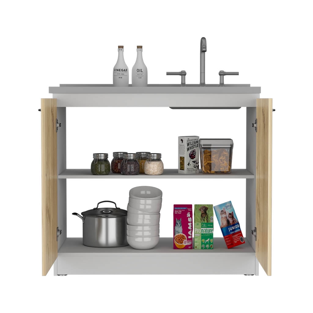 Rainlex Napoles 39" White & Light Oak Utility Sink Cabinet with Stainless Steel Basin, Double Doors & Shelf Storage