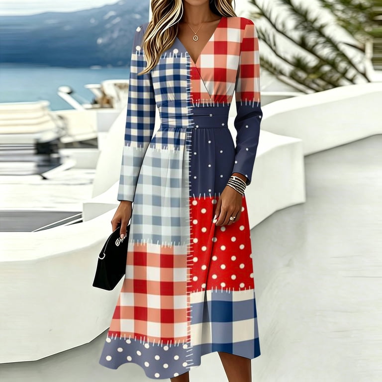 TBKOMH Women's Casual Color Block Plaid Print Long Sleeve V-Neck Dress with Pockets