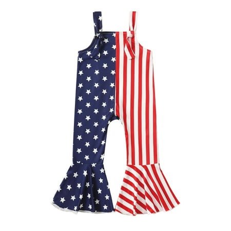 

4th of July Toddler Baby Girls Overalls Stars Stripes Bell Bottom Jumpsuit Suspender Flared Pants Romper Summer Clothes