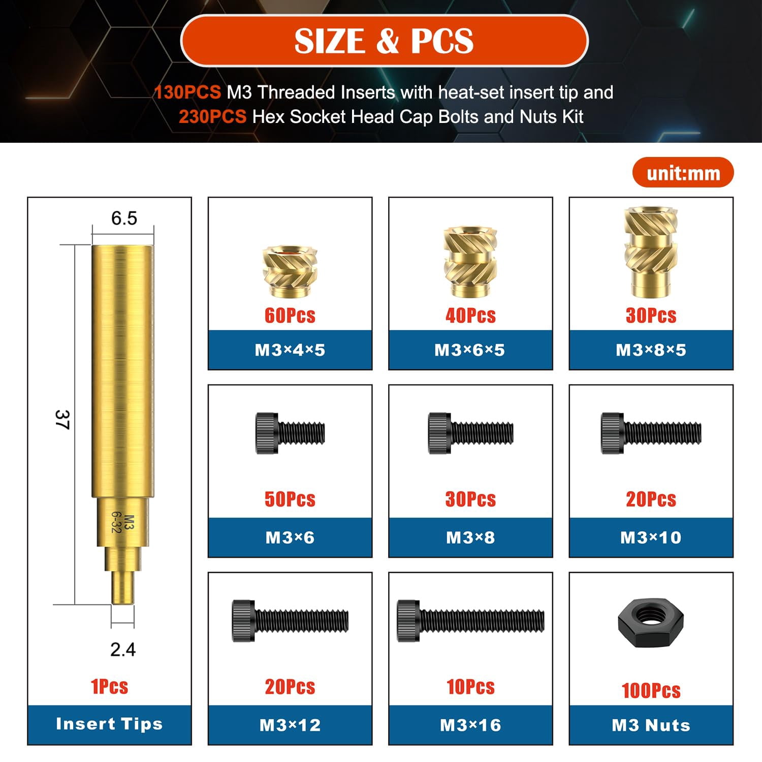 361 3-thread inserts with heat installation insertion tips and hexagon screw head cover bolt set, brass heat installation inserts for plastic and 3D print components