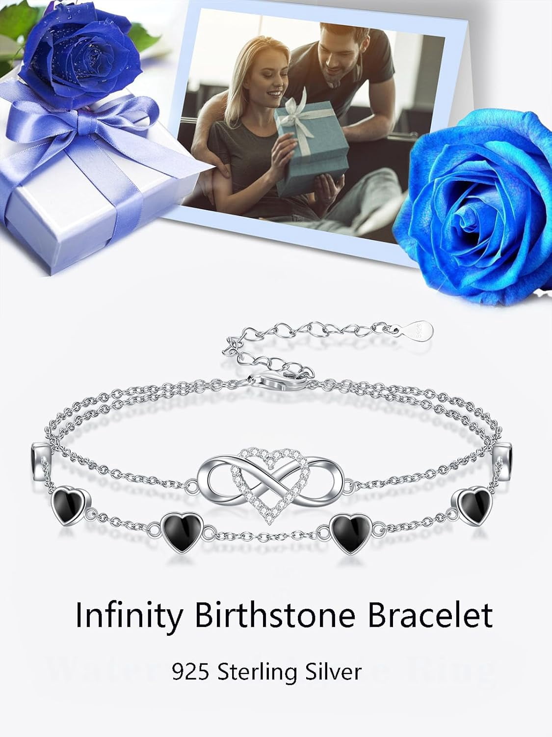 Infinity Black Onyx Bracelet 925 Sterling Silver Double Strand Heart Black Onyx Bracelet Birthday Jewelry Gift for Wife Women Mother,Chain Length 7"+2" Extend