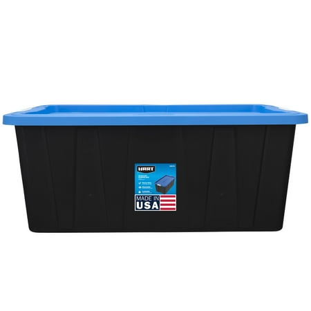 HART 40 Gallon Latching Plastic Storage Bin Container, Black with Blue Lid