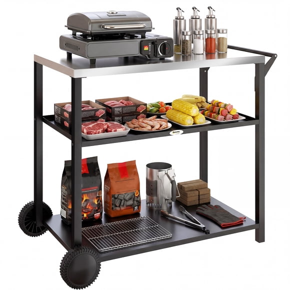 Outsunny Outdoor Grill Cart with Steel Top, 3-Tier BBQ Stand, Black