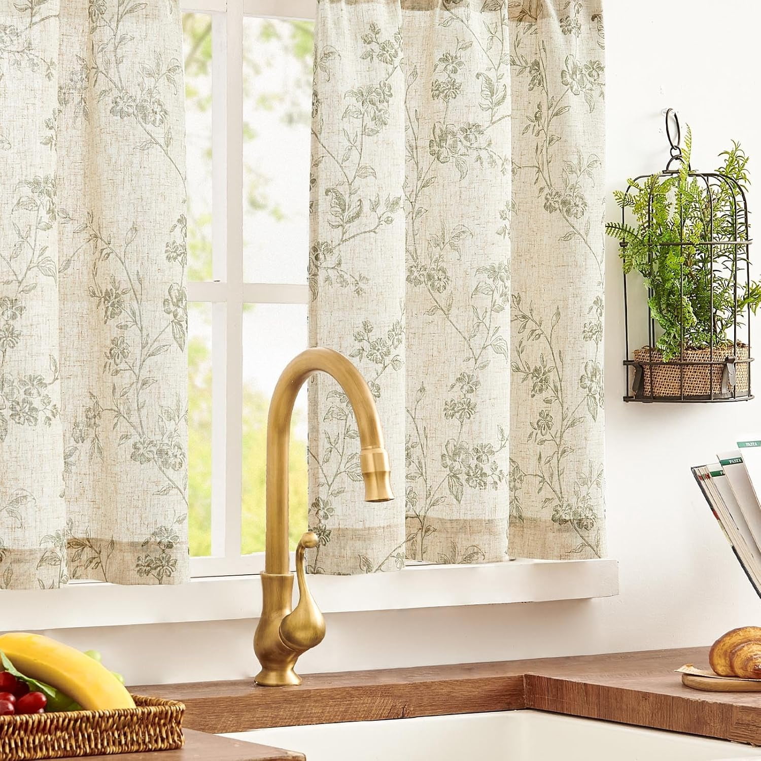 Floral Kitchen Curtains 36 Inch Linen Tier Curtains Farmhouse Cafe Half Window Drapes Over Sink Light Filtering for Living Room Laundry RV Rod Pocket 2 Panels Sage Green on Beige