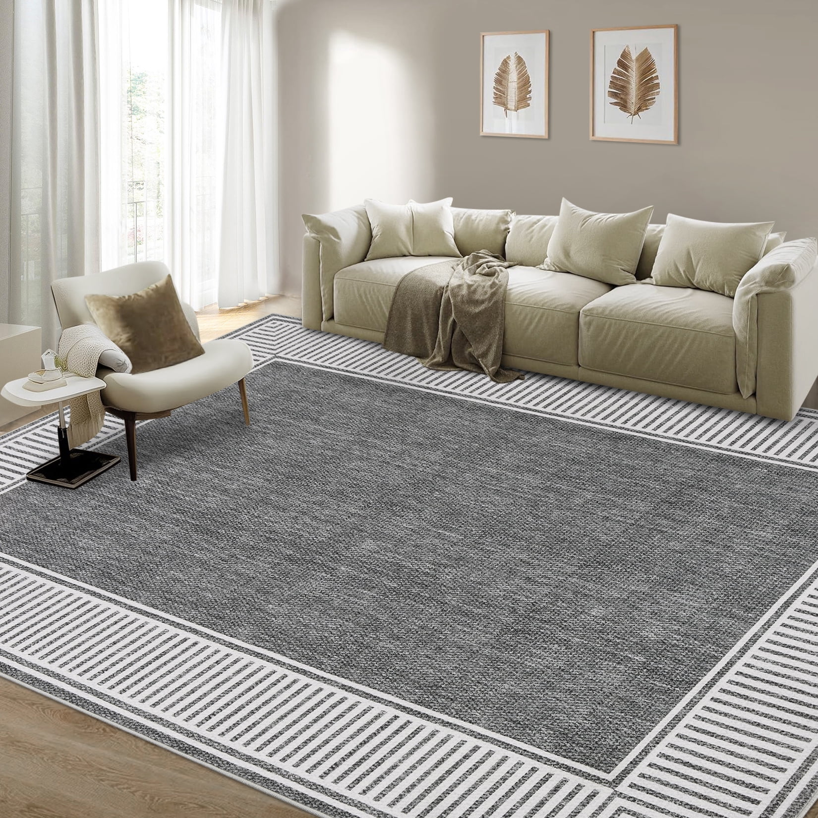 Garvee Indoor Bordered Area Rug, 8'x10' Modern Non Slip Rubber Backing Washable Rug Low Pile Striped Rugs Carpet for Bedroom Living Room Nursery Office, Gray