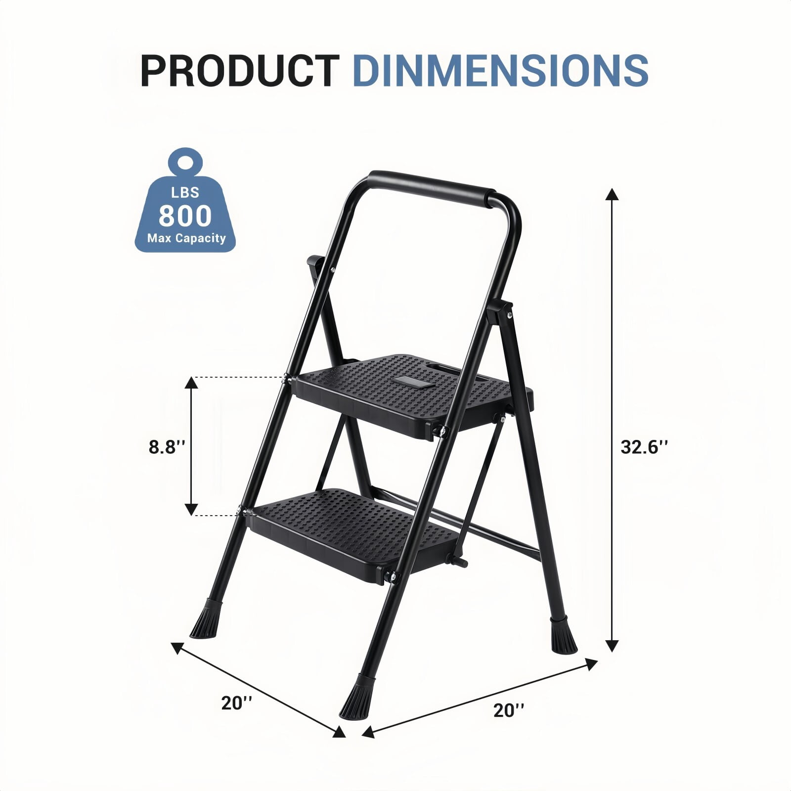 Kelno 2 Step Ladder 800Lbs Capacity Folding Step Stool with Anti Slip Pedals Safety Handrail, Pure Black