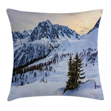 Farmhouse Decor Throw Pillow Cushion Cover, Landscape of Snowy Mountain at Sunset Pine Trees Tranquil in Winter Theme, Decorative Square Accent Pillow Case, 18 X 18 Inches, White Green, by Ambesonne