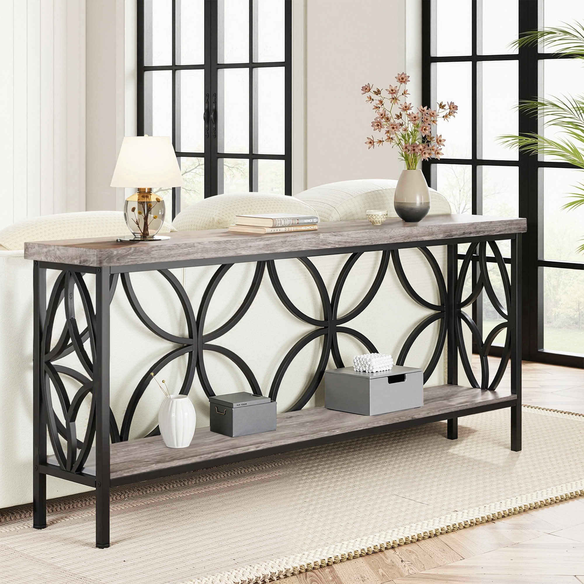 MAYEERTY 70.9" 2-Tier Industrial Console Table, Rustic Wood Top Black Metal Frame Sofa Table with Adjustable Floor Pads