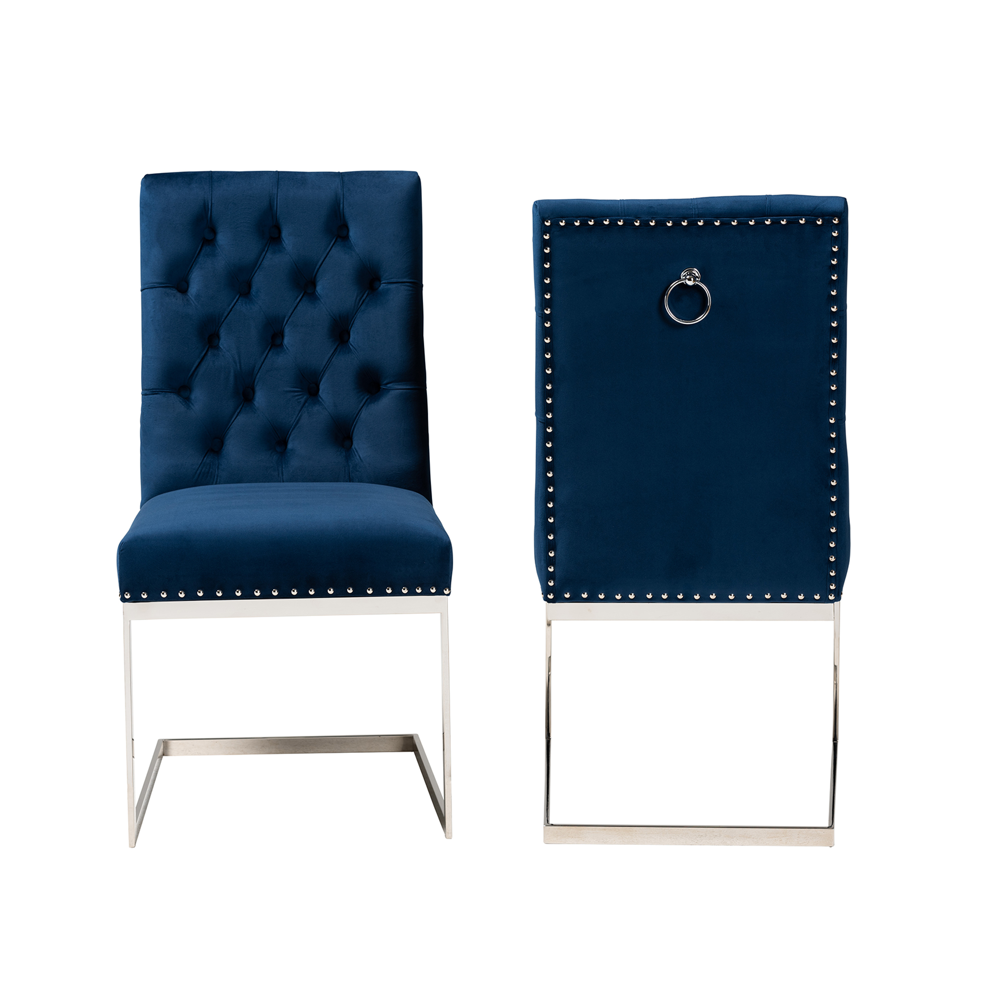 Baxton Studio Sherine Contemporary Glam and Luxe Navy Blue Velvet Fabric and Silver Metal 2-Piece Dining Chair Set