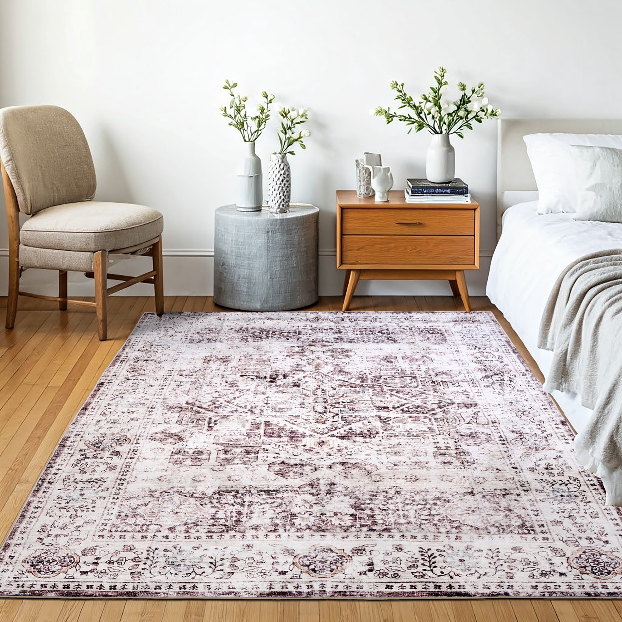Delara 3'x5' Machine Washable Area Rug, Soft & Durable, Non-Slip, Stain Resistant, Vintage Cocoa, for Bedroom, Living & Dining Room