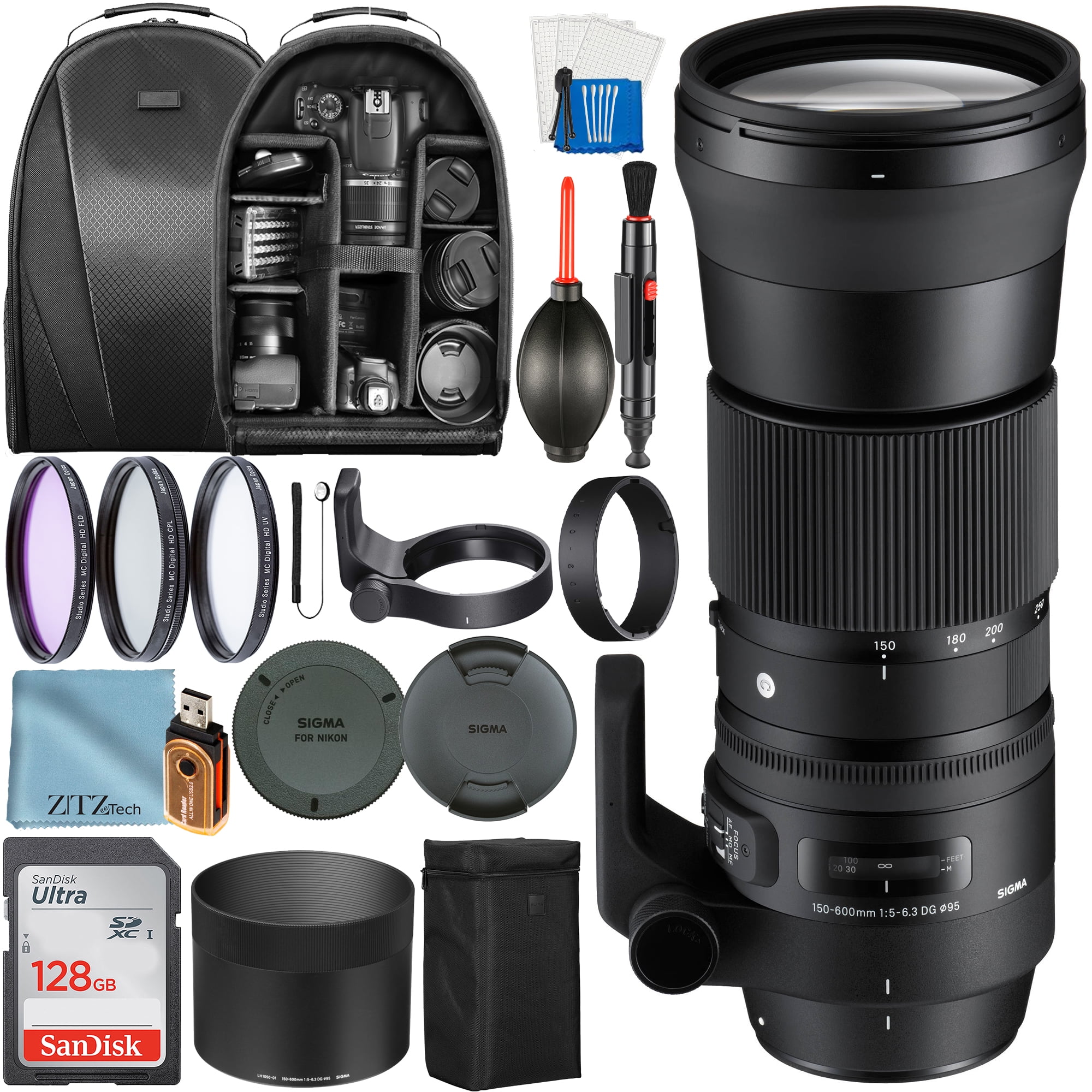 Sigma 150-600mm f/5-6.3 DG OS HSM Contemporary Lens for Nikon F with  SanDisk 128GB Card + Case + Filter + ZeeTech Accessory