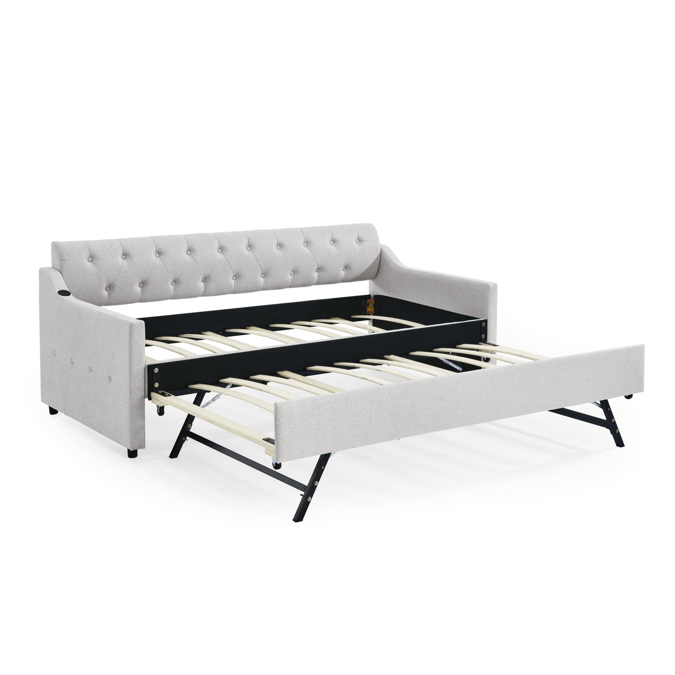 Noble House Carola Twin Size Linen Upholstery Daybed, Mid-Century Tufted Sofa Bed with Trundle and Charging Port, Beige